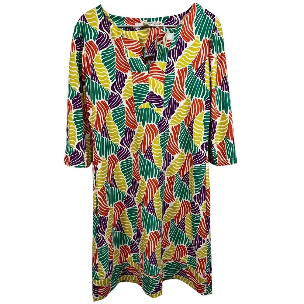 New Sara Campbell  Geo Leaf Nylon Stretch Dress Split Neck Sz 8 Colorful Preppy